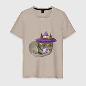 Мужская футболка хлопок с принтом Котик МЯУ и волшебная сфера в Новосибирске, 100% хлопок | прямой крой, круглый вырез горловины, длина до линии бедер, слегка спущенное плечо. | Тематика изображения на принте: ведьма шляпа | ведьмина шапка | волшебная сфера | кот | кот в колпаке | кот в шляпе | котик мяу | кошка | мяу