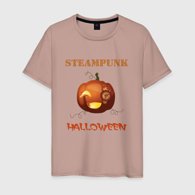 Мужская футболка хлопок с принтом Стимпанк хэллоуин в Новосибирске, 100% хлопок | прямой крой, круглый вырез горловины, длина до линии бедер, слегка спущенное плечо. | весёлая тыква | милый хэллоуин | праздник | стимпанк | тыква | хэллоуин | шестерёнки