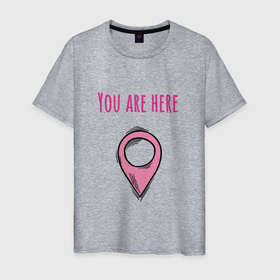 Мужская футболка хлопок с принтом You are here, bro в Санкт-Петербурге, 100% хлопок | прямой крой, круглый вырез горловины, длина до линии бедер, слегка спущенное плечо. | geotag | pointer | tag | youarehere | тег | указатель