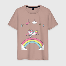 Мужская футболка хлопок с принтом единорог на радугу в Тюмени, 100% хлопок | прямой крой, круглый вырез горловины, длина до линии бедер, слегка спущенное плечо. | unicorn | единорог | единорогнарадуге | единорожка | радуга
