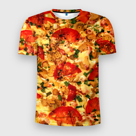 Мужская футболка 3D Slim с принтом Пицца с грибами в Петрозаводске, 100% полиэстер с улучшенными характеристиками | приталенный силуэт, круглая горловина, широкие плечи, сужается к линии бедра | baked | cheese | food | herbs | italian | mushrooms | onions | pizza | tomatoes | грибы | еда | запечённые | зелень | итальянская | лук | пицца | помидоры | сыр