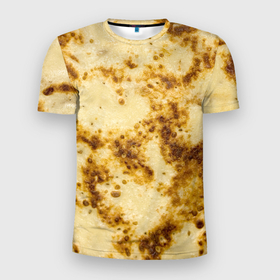 Мужская футболка 3D Slim с принтом Жареный блин в Санкт-Петербурге, 100% полиэстер с улучшенными характеристиками | приталенный силуэт, круглая горловина, широкие плечи, сужается к линии бедра | damn | dough | food | fried | ruddy | блин | еда | жареный | румяный | тесто