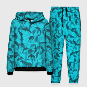 Мужской костюм 3D (с толстовкой) с принтом Синий камуфляж с дельфинами ,  |  | Тематика изображения на принте: дельфин | дельфины | море | морской | океан | паттерн | рыба