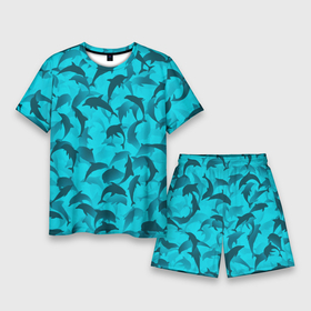 Мужской костюм с шортами 3D с принтом Синий камуфляж с дельфинами в Петрозаводске,  |  | дельфин | дельфины | море | морской | океан | паттерн | рыба