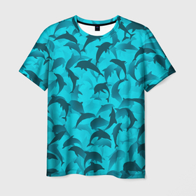 Мужская футболка 3D с принтом Синий камуфляж с дельфинами в Кировске, 100% полиэфир | прямой крой, круглый вырез горловины, длина до линии бедер | Тематика изображения на принте: дельфин | дельфины | море | морской | океан | паттерн | рыба