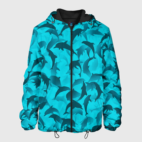 Мужская куртка 3D с принтом Синий камуфляж с дельфинами в Новосибирске, ткань верха — 100% полиэстер, подклад — флис | прямой крой, подол и капюшон оформлены резинкой с фиксаторами, два кармана без застежек по бокам, один большой потайной карман на груди. Карман на груди застегивается на липучку | Тематика изображения на принте: дельфин | дельфины | море | морской | океан | паттерн | рыба