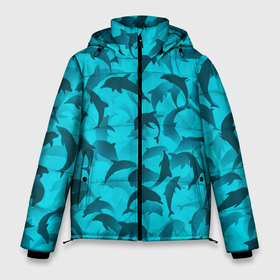Мужская зимняя куртка 3D с принтом Синий камуфляж с дельфинами , верх — 100% полиэстер; подкладка — 100% полиэстер; утеплитель — 100% полиэстер | длина ниже бедра, свободный силуэт Оверсайз. Есть воротник-стойка, отстегивающийся капюшон и ветрозащитная планка. 

Боковые карманы с листочкой на кнопках и внутренний карман на молнии. | дельфин | дельфины | море | морской | океан | паттерн | рыба