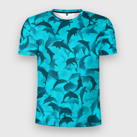 Мужская футболка 3D Slim с принтом Синий камуфляж с дельфинами в Кировске, 100% полиэстер с улучшенными характеристиками | приталенный силуэт, круглая горловина, широкие плечи, сужается к линии бедра | дельфин | дельфины | море | морской | океан | паттерн | рыба