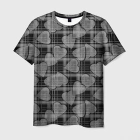 Мужская футболка 3D с принтом Черно серый клетчатый узор в Санкт-Петербурге, 100% полиэфир | прямой крой, круглый вырез горловины, длина до линии бедер | в клетку | монохромный | сердца | серый и черный | серый клетчатый узор