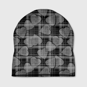 Шапка 3D с принтом Черно серый клетчатый узор в Тюмени, 100% полиэстер | универсальный размер, печать по всей поверхности изделия | в клетку | монохромный | сердца | серый и черный | серый клетчатый узор