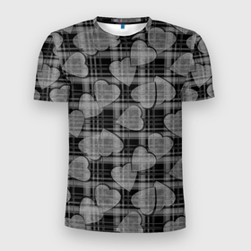 Мужская футболка 3D Slim с принтом Черно серый клетчатый узор в Новосибирске, 100% полиэстер с улучшенными характеристиками | приталенный силуэт, круглая горловина, широкие плечи, сужается к линии бедра | в клетку | монохромный | сердца | серый и черный | серый клетчатый узор
