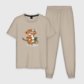 Мужская пижама хлопок с принтом Тигренок стоит в Курске, 100% хлопок | брюки и футболка прямого кроя, без карманов, на брюках мягкая резинка на поясе и по низу штанин
 | Тематика изображения на принте: 2022 | джунгли | листья | маленький тигр | малыш | милый | новый год | саванна | тигр | тигренок