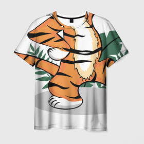 Мужская футболка 3D с принтом Тигренок стоит в Кировске, 100% полиэфир | прямой крой, круглый вырез горловины, длина до линии бедер | 2022 | джунгли | листья | маленький тигр | малыш | милый | новый год | саванна | тигр | тигренок