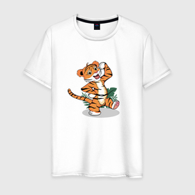 Мужская футболка хлопок с принтом Тигренок стоит в Курске, 100% хлопок | прямой крой, круглый вырез горловины, длина до линии бедер, слегка спущенное плечо. | Тематика изображения на принте: 2022 | джунгли | листья | маленький тигр | малыш | милый | новый год | саванна | тигр | тигренок