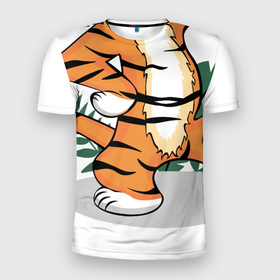 Мужская футболка 3D Slim с принтом Тигренок стоит в Курске, 100% полиэстер с улучшенными характеристиками | приталенный силуэт, круглая горловина, широкие плечи, сужается к линии бедра | Тематика изображения на принте: 2022 | джунгли | листья | маленький тигр | малыш | милый | новый год | саванна | тигр | тигренок