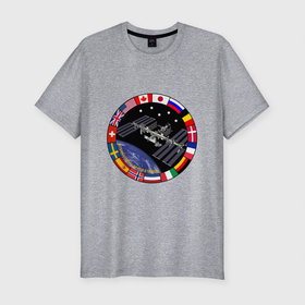 Мужская футболка хлопок Slim с принтом Космическая станция в Курске, 92% хлопок, 8% лайкра | приталенный силуэт, круглый вырез ворота, длина до линии бедра, короткий рукав | Тематика изображения на принте: space | космонавты | космос | ракета | эмблема