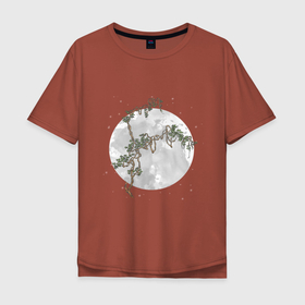 Мужская футболка хлопок Oversize с принтом Дерево под луной в китайском стиле в Тюмени, 100% хлопок | свободный крой, круглый ворот, “спинка” длиннее передней части | Тематика изображения на принте: дерево | звезды | китайский стиль | листва | луна | ночь | переплетение | природа | романтика | ствол дерева | узор