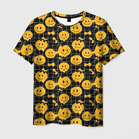 Мужская футболка 3D с принтом Психоделические смайлы в Петрозаводске, 100% полиэфир | прямой крой, круглый вырез горловины, длина до линии бедер | паттерн | плавление | психоделика | сетка | смайлы
