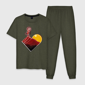 Мужская пижама хлопок с принтом Вулкан в горах в Санкт-Петербурге, 100% хлопок | брюки и футболка прямого кроя, без карманов, на брюках мягкая резинка на поясе и по низу штанин
 | вулкан | горы | красный | солнце | солнце в горах | туристическое