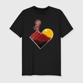 Мужская футболка хлопок Slim с принтом Вулкан в горах в Петрозаводске, 92% хлопок, 8% лайкра | приталенный силуэт, круглый вырез ворота, длина до линии бедра, короткий рукав | вулкан | горы | красный | солнце | солнце в горах | туристическое