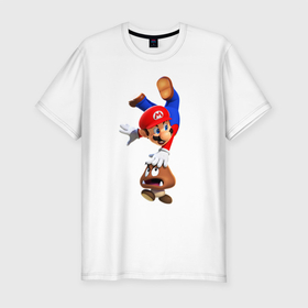 Мужская футболка хлопок Slim с принтом Goomba Hit в Екатеринбурге, 92% хлопок, 8% лайкра | приталенный силуэт, круглый вырез ворота, длина до линии бедра, короткий рукав | goomba | mario | mashrom | nintendo | switch | гриб | гумба | марио | нинтендо | свитч