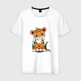 Мужская футболка хлопок с принтом Тигр сидит в кустах в Санкт-Петербурге, 100% хлопок | прямой крой, круглый вырез горловины, длина до линии бедер, слегка спущенное плечо. | Тематика изображения на принте: 2022 | год тигра | детеныш | котенок | кусты | листья | маленький тигр | милый тигр | новый год | тигр | тигренок