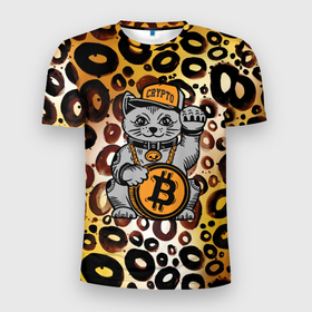 Мужская футболка 3D Slim с принтом BitCoin кот в Екатеринбурге, 100% полиэстер с улучшенными характеристиками | приталенный силуэт, круглая горловина, широкие плечи, сужается к линии бедра | bitcoin | btc | альткоин | альты | биткоин | биток | бтс | бтц | крипта | криптовалюта