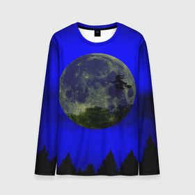 Мужской лонгслив 3D с принтом Зловещие Полнолуние в Кировске, 100% полиэстер | длинные рукава, круглый вырез горловины, полуприлегающий силуэт | ведьма летит над лесом | ведьма на метле | колдунья на метле | луна и ведьма | луна на хэллоуин | луна над лесом | лунный свет | полнолуние на хэллоуин