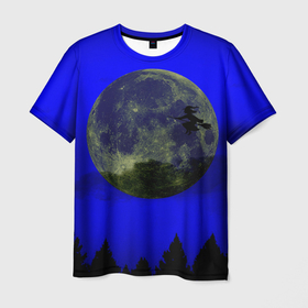 Мужская футболка 3D с принтом Зловещие Полнолуние в Новосибирске, 100% полиэфир | прямой крой, круглый вырез горловины, длина до линии бедер | ведьма летит над лесом | ведьма на метле | колдунья на метле | луна и ведьма | луна на хэллоуин | луна над лесом | лунный свет | полнолуние на хэллоуин