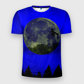 Мужская футболка 3D Slim с принтом Зловещие Полнолуние в Тюмени, 100% полиэстер с улучшенными характеристиками | приталенный силуэт, круглая горловина, широкие плечи, сужается к линии бедра | ведьма летит над лесом | ведьма на метле | колдунья на метле | луна и ведьма | луна на хэллоуин | луна над лесом | лунный свет | полнолуние на хэллоуин