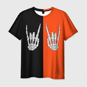 Мужская футболка 3D с принтом Ладошки скелета в Новосибирске, 100% полиэфир | прямой крой, круглый вырез горловины, длина до линии бедер | Тематика изображения на принте: bones | halloween | hands | happy halloween | rock | skeleton | skillet | skull | жест | жест коза | кисти рук | кости | ладони | ладошки | металлист | молодежные | пальцы | пальцы вверх | подростковые | рога | рокер | руки | символ | скеле