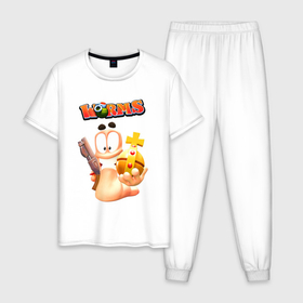 Мужская пижама хлопок с принтом Worms 3D в Тюмени, 100% хлопок | брюки и футболка прямого кроя, без карманов, на брюках мягкая резинка на поясе и по низу штанин
 | holly grenade | shotgun | team17 | worms | дробовик | святая граната | черви