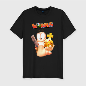 Мужская футболка хлопок Slim с принтом Worms 3D в Курске, 92% хлопок, 8% лайкра | приталенный силуэт, круглый вырез ворота, длина до линии бедра, короткий рукав | holly grenade | shotgun | team17 | worms | дробовик | святая граната | черви
