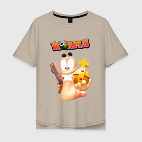 Мужская футболка хлопок Oversize с принтом Worms 3D в Петрозаводске, 100% хлопок | свободный крой, круглый ворот, “спинка” длиннее передней части | holly grenade | shotgun | team17 | worms | дробовик | святая граната | черви