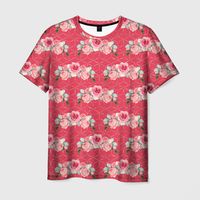 Мужская футболка 3D с принтом Красные розы паттерн в Курске, 100% полиэфир | прямой крой, круглый вырез горловины, длина до линии бедер | rose | паттерн | розочки | розы | цветки | цветочки | цветы