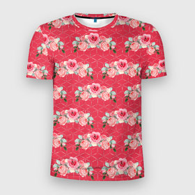 Мужская футболка 3D Slim с принтом Красные розы паттерн в Тюмени, 100% полиэстер с улучшенными характеристиками | приталенный силуэт, круглая горловина, широкие плечи, сужается к линии бедра | rose | паттерн | розочки | розы | цветки | цветочки | цветы