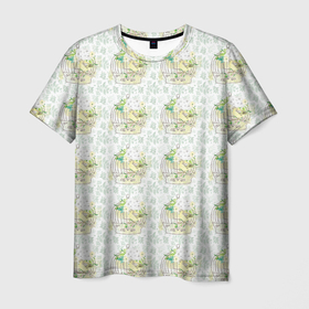 Мужская футболка 3D с принтом Канарейки в клетках , 100% полиэфир | прямой крой, круглый вырез горловины, длина до линии бедер | канарейки | клетка | паттерн | попугаи | птенец | птица | птицы | птички