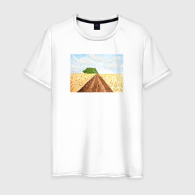 Мужская футболка хлопок с принтом Южное поле в Екатеринбурге, 100% хлопок | прямой крой, круглый вырез горловины, длина до линии бедер, слегка спущенное плечо. | акварель | декоративная техника | дорога | иллюстрация | отпуск | пейзаж | поле | юг