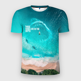 Мужская футболка 3D Slim с принтом Shark in sea , 100% полиэстер с улучшенными характеристиками | приталенный силуэт, круглая горловина, широкие плечи, сужается к линии бедра | акула | арт | бирюза | море | пляж