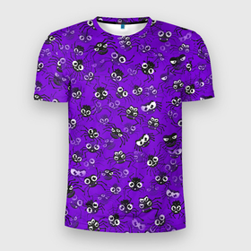 Мужская футболка 3D Slim с принтом Вредные паучки , 100% полиэстер с улучшенными характеристиками | приталенный силуэт, круглая горловина, широкие плечи, сужается к линии бедра | Тематика изображения на принте: halloween | арахнофобия | паттерн | паук | пауки | паучок | фиолетовый | хеллоуин