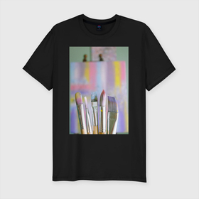 Мужская футболка хлопок Slim с принтом Brush в Тюмени, 92% хлопок, 8% лайкра | приталенный силуэт, круглый вырез ворота, длина до линии бедра, короткий рукав | градиент | живопись | картина | кисточки | краски | масло | современное искусство | художник