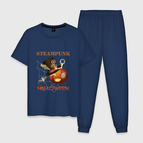 Мужская пижама хлопок с принтом Стимпанк тыква в шляпе в Санкт-Петербурге, 100% хлопок | брюки и футболка прямого кроя, без карманов, на брюках мягкая резинка на поясе и по низу штанин
 | летучая мышь | стимпанк | стимпанк котелок | тыква | хэллоуин