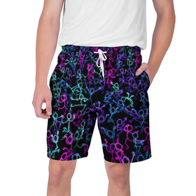 Мужские шорты 3D с принтом Neon Rave Party в Тюмени,  полиэстер 100% | прямой крой, два кармана без застежек по бокам. Мягкая трикотажная резинка на поясе, внутри которой широкие завязки. Длина чуть выше колен | disco | rave | дискотека | неоновый | рейв | танцы | человечки