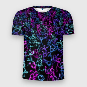 Мужская футболка 3D Slim с принтом Neon Rave Party в Санкт-Петербурге, 100% полиэстер с улучшенными характеристиками | приталенный силуэт, круглая горловина, широкие плечи, сужается к линии бедра | disco | rave | дискотека | неоновый | рейв | танцы | человечки