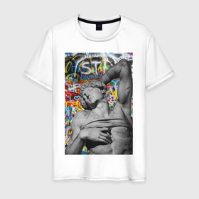 Мужская футболка хлопок с принтом Emotions в Тюмени, 100% хлопок | прямой крой, круглый вырез горловины, длина до линии бедер, слегка спущенное плечо. | граффити | мужчина | надписи | рисунок | скульптура | современное искусство | статуя | торс | уличный стиль