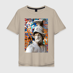 Мужская футболка хлопок Oversize с принтом War of times в Санкт-Петербурге, 100% хлопок | свободный крой, круглый ворот, “спинка” длиннее передней части | борода | военный | граффити | лицо | мужчина | скульптура | современное искусство | статуя | узоры | уличный стиль | шлем