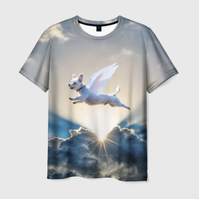 Мужская футболка 3D с принтом Ангельский пес в Белгороде, 100% полиэфир | прямой крой, круглый вырез горловины, длина до линии бедер | angel | dog | ангел | ангельский пес | крылья | пес | полет