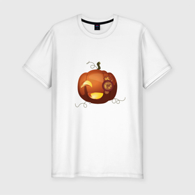 Мужская футболка хлопок Slim с принтом Стимпанк тыква на хэллоуин в Екатеринбурге, 92% хлопок, 8% лайкра | приталенный силуэт, круглый вырез ворота, длина до линии бедра, короткий рукав | стимпанк | тыква | хэллоуин | часы | шестерёнки