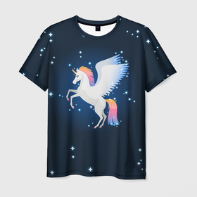 Мужская футболка 3D с принтом Милый пегас единорог с радужной гривой , 100% полиэфир | прямой крой, круглый вырез горловины, длина до линии бедер | horse | pony | rainbow | unicorn | аликорн | волшебно | единорог | единороги | звезды | крылья | лошадь | ночь | пегас | пони | радуга | рог | юникорн