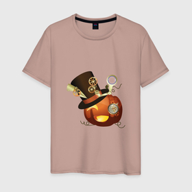 Мужская футболка хлопок с принтом Хэллоуин в стиле стимпанк с тыквой в шляпе в Кировске, 100% хлопок | прямой крой, круглый вырез горловины, длина до линии бедер, слегка спущенное плечо. | стимпанк | тыква | хэллоуин | часы | шестерёнки | шляпа